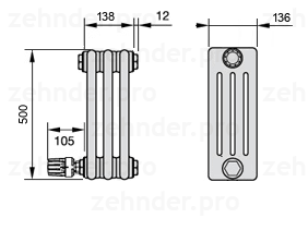 Схема (чертеж) Радиатор Zehnder Charleston 4050/3 №V004 Белый глянцевый RAL 9016